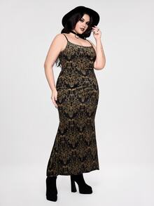 ROMWE Plus Size Women's Holiday Party Gothic Style Gold Pattern Velvet Spaghetti Strap Dress - Gold - View 3