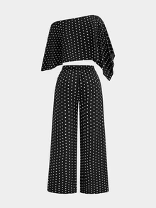 Sweetra Plus Size Women Polka Dot Pattern Asymmetrical Shoulder Top And Pants 2 Pieces Set - Black - View 6