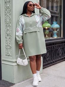 Slaydiva Plus Size Satin Floral Patchwork Hooded Anorak Jacket, Loose Plus Size Outer Coat Fall - Green - View 2