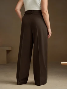 Anewsta Plus Size Women's Solid Color Pocket Casual Daily Suit Pants - Coffee Brown - View 2