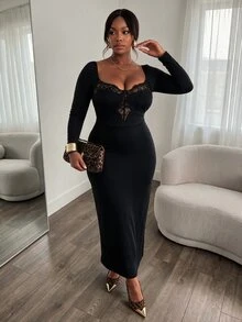 Firerie Women Plus Size Party Dress Elegant Lace Hollow Patchwork Long Sleeve Bodycon Dress - Black - View 8
