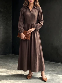 Editum Women's Coffee Brown Elegant Commute Casual Shirt-Style V-Neck Long Dress With Button Decor And Ruched Detail, Slimming And Neck-Elongating - Coffee Brown - View 6