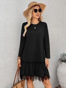 EMERY ROSE Women's Solid Color Round Neck Long Sleeve Contrast Lace Ruffle Hem Casual Short Dress - Black - View 7