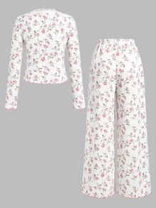SHEIN Teen Girl Teen Girl Sweet Simple Pink Ditsy Floral V-Neck Half-Open Front Lace Trim Ruffle Long Sleeve Pants Soft Comfortable Loungewear Pajama Set 2pcs - White - View 5