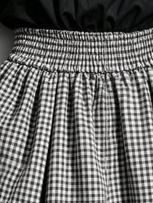 Linhara CURVE Round Neck Long Sleeve A-Line Skirt With Pockets Waist-Cinching Plaid Patchwork Long Dress - Black - View 6
