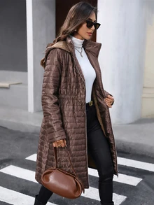 SHEIN LUNE 女款冬季加厚保暖內裡黑色連帽毛絨填充外套 - 咖啡棕 - 查看 4
