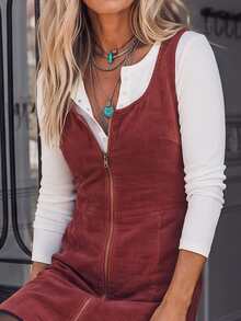 LanaWest Autumn Vintage Rust Red Early Autumn Zipper Slimming Straight Short Tank Dress With Pockets - Red - View 4