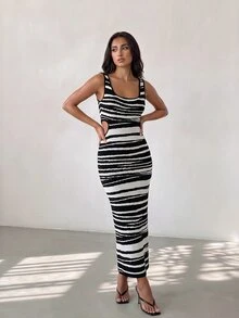 Glamine Zebra Print Cutout Waist Elastic Sleeveless Knit Dress - Black and White - View 1
