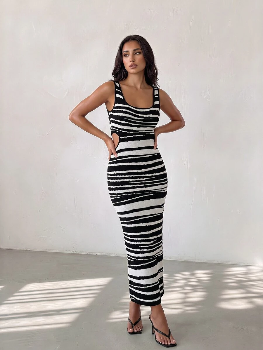 Glamine Zebra Print Cutout Waist Elastic Sleeveless Knit Dress - Black and White - View 1