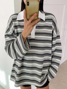 DAZY 女款條紋寬鬆 Polo 領落肩長袖休閒 T 恤 - 灰色 - 查看 3