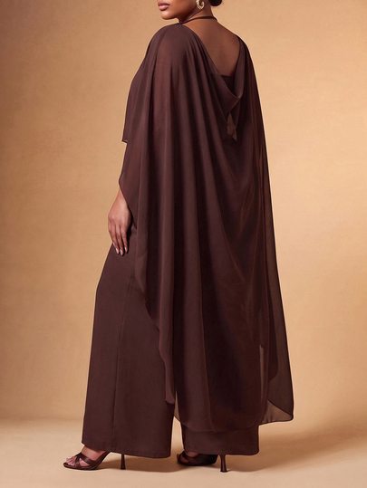 Zivah Autumn/Winter New Style Party Birthday Gathering Date Back To School Daily Street Wear All-Match Versatile Casual Holiday Outing Office Commute Elegant Off-Shoulder Front Short Back Long Sheer Cape Cover Up Loose Wide Leg Pants With Pockets And Lining Brown Two-Piece Set Plus Size Women's Outfit
