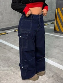 SHEIN Unity Plus Size Streetwear Button Pocket Cargo Denim Jeans - Dark Wash - View 6