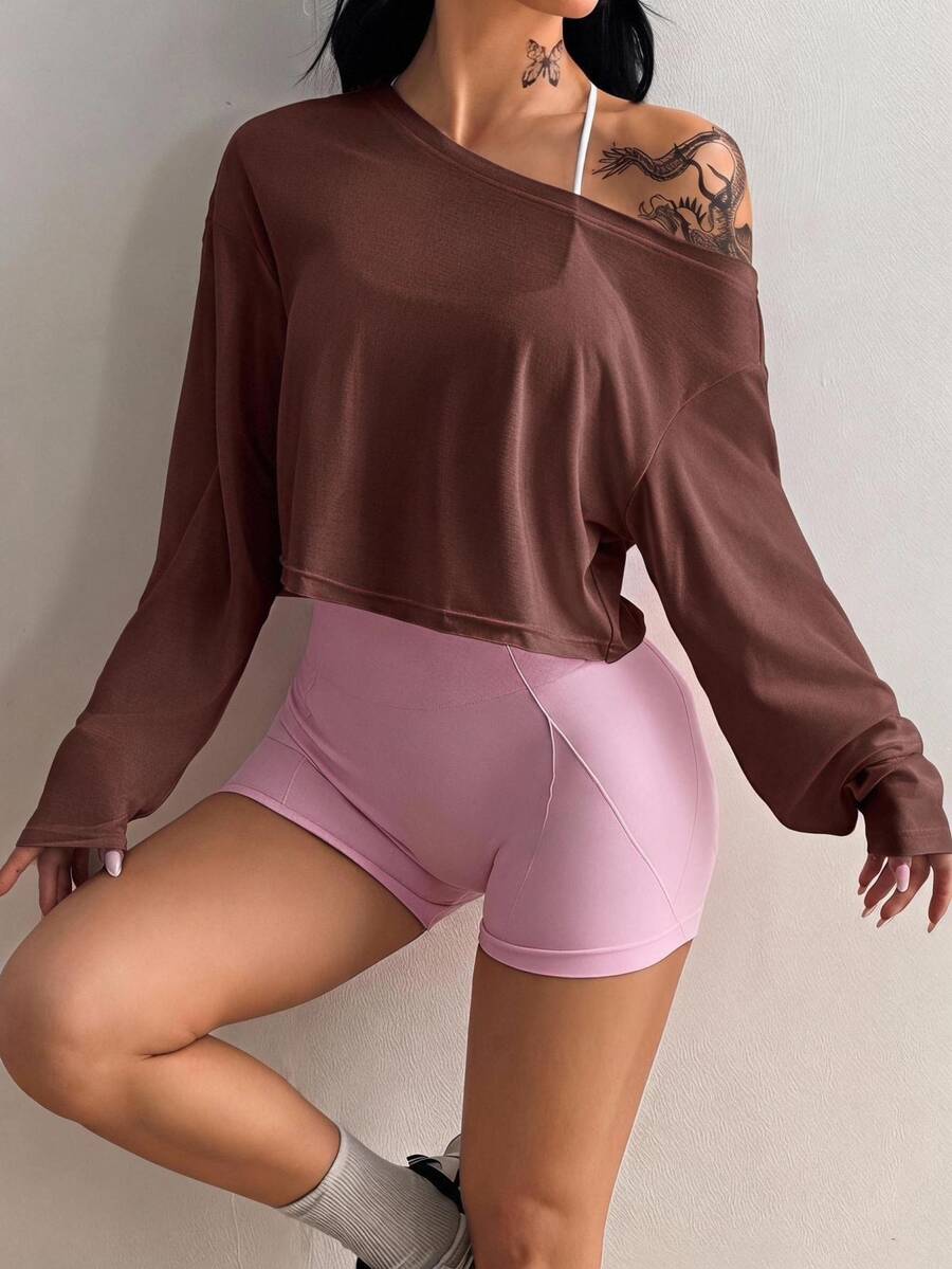 Coolane Women's Solid Color Asymmetrical Shoulder Casual Daily Long Sleeve T-Shirt - Brown - View 1