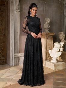 Aureia Elegant Romantic Fashionable Graceful Lace Fabric Cup Pleated Decoration Pleated Hem Super Full Skirt Elegant Party Dress Wedding Guest Dress Bachelorette Party Dress Formal Evening Gown - Black - View 6