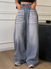 DAZY Women's Distressed Washed Faded Belted Loose Wide Leg Jeans, Casual Streetwear Everyday Autumn/Winter - Blue - View 1