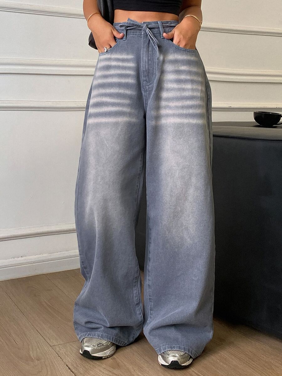DAZY Women's Distressed Washed Faded Belted Loose Wide Leg Jeans, Casual Streetwear Everyday Autumn/Winter - Blue - View 1