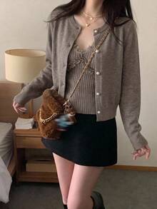 DAZY Women's 2 Pieces Solid Color Slim Fit Contrast Lace Ruffle Trim Camisole & Loose Long Sleeve Cardigan Sweater Set, Casual Vacation Korean Style Daily Autumn/Winter - Khaki - View 6