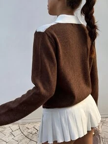 SHEIN LUNE 女款基礎極簡時尚領口格紋韓風秋冬毛衣 - 彩色 - 查看 2