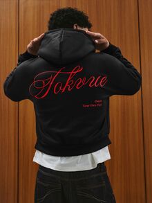 TOKVUE 男士刺繡街頭風長袖連帽衛衣，附口袋，Off Campus College 黑色與紅色，秋季款 - 黑色 - 查看 7