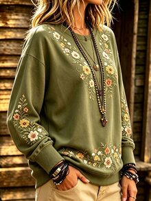 EMERY ROSE Plus Size Women's Army Green Floral Sweatshirt, Crew Neck Long Sleeve Casual Pullover, Autumn Winter Thanksgiving Brunch - Army Green - View 4