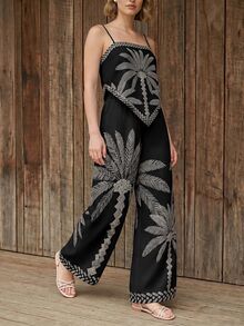 CAJUNI 女款椰子樹印花細肩帶上衣與長褲休閒日常穿搭 - 黑色 - 查看 5