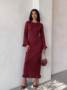 Glamine Women's Solid Color Round Neck Raglan Long Sleeve Elegant Sexy Backless Tie-Up Long Knit Dress Going Out Dinner Night Burgundy Fall Christmas New Year - Burgundy - View 6
