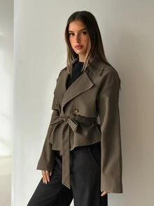 Aloruh Women's Solid Color Lapel Neck Double-Breasted Casual Trench Coat Jacket - Mocha Brown - View 8