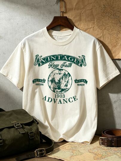 Resyla Men's Plus Size Vintage Earth & Mountain Graphic T-Shirt, Men's Beige Vintage EST1903 Print Neutral Short Sleeve T-Shirt, Mountain Outdoor Old School Style, Unisex. Suitable For Daily Commute, Outdoor Camping, Easily Create Vintage Outfit With Distressed Pants, Cargo Pants.
