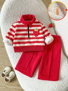 SHEIN Playful Pals 2件組幼兒女嬰毛衣褲套裝，可愛甜美紅色草莓刺繡條紋長袖半拉鍊加厚冬季連身褲，適合秋季與節日穿著，色彩鮮豔 - 紅白色 - 查看 6