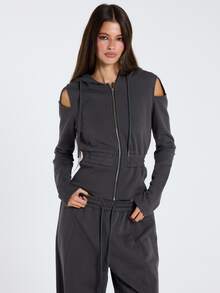 MUSERA Hoodie Abu-abu dengan Resleting dan Detail Potongan, Pakaian Kasual Wanita untuk Musim Gugur dan Musim Dingin. - Grey - View 1