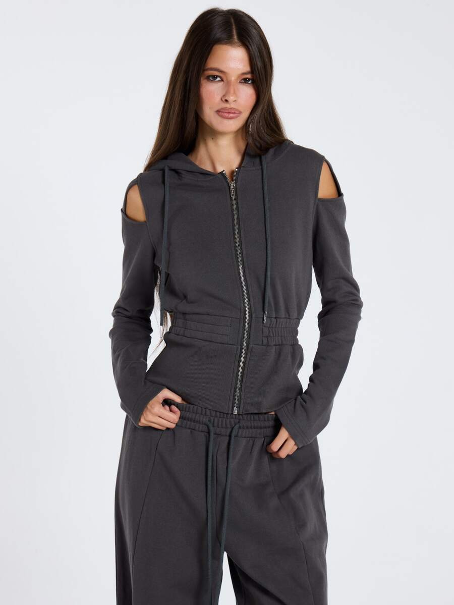 MUSERA Hoodie Abu-abu dengan Resleting dan Detail Potongan, Pakaian Kasual Wanita untuk Musim Gugur dan Musim Dingin. - Grey - View 1