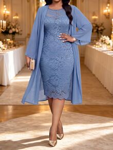 Fleurora Plus Size Elegant Lace Dress And Tulle Cardigan 2 Pieces Set - Blue - View 1