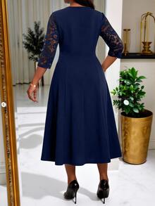 SHEIN Lady CURVE Plus Size Women Lace Patchwork Pleated Casual Party Dress - Navy Blue - View 2