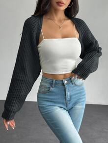SHEIN PETITE 女款素色長袖休閒開襟針織衫 - 深灰色 - 查看 8