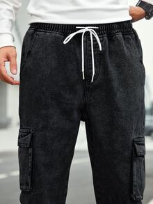 EGENSIO Plus Size Men's Drawstring Waist Casual Daily Wear Cargo Denim Jeans - Black - View 4