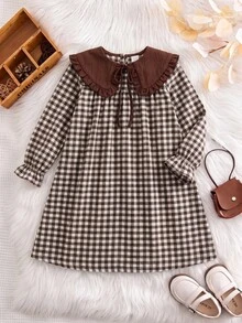 Tween Girl) Cute Autumn Long Sleeve Brown Plaid Versatile Dress - Brown - View 4