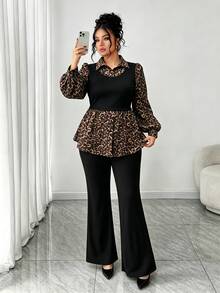 Elenzga Plus Size Casual Versatile Commute Patchwork 2 In 1 Shirt Top + Versatile Minimalist Flared Long Pants 2 Pieces Set - Multicolor - View 6
