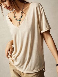 Bohemela Casual Solid Color Knit V-Neck Short Sleeve Loose Fit Women's T-Shirt - Apricot - View 5