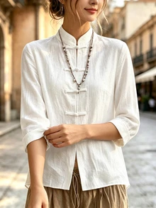Velvienne قميص نسائي مقاس كبير كاجوال بتصميم بسيط بلون موحد مع أزرار صينية على شكل ضفدع وأكمام طويلة، مناسب للارتداء اليومي في الخريف في الأماكن المغلقة والمفتوحة - أبيض - مشاهدة 3