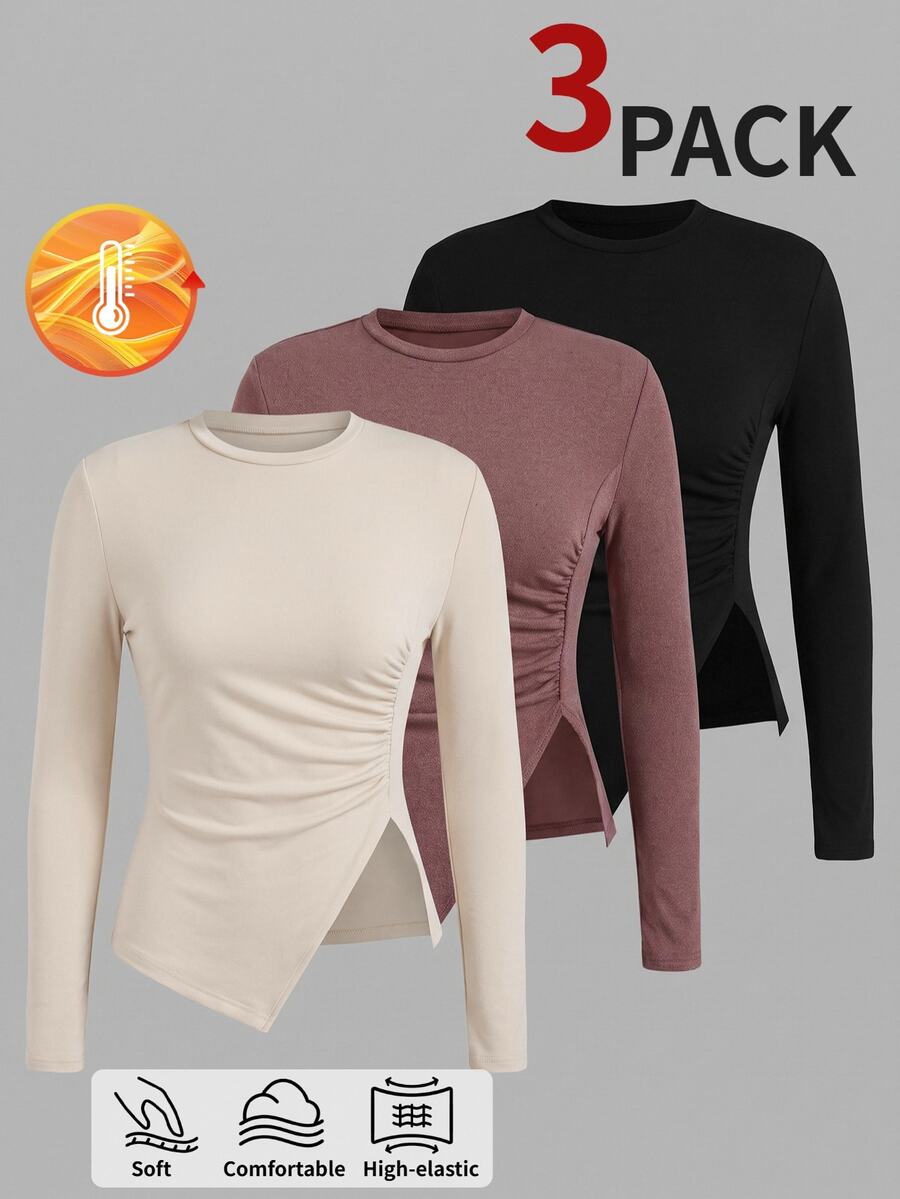 SHEIN BASICS 3-Pack Women's Solid Crew-Neck Long-Sleeve Ruched Side-Slit Casual T-Shirt - Multicolor - View 1