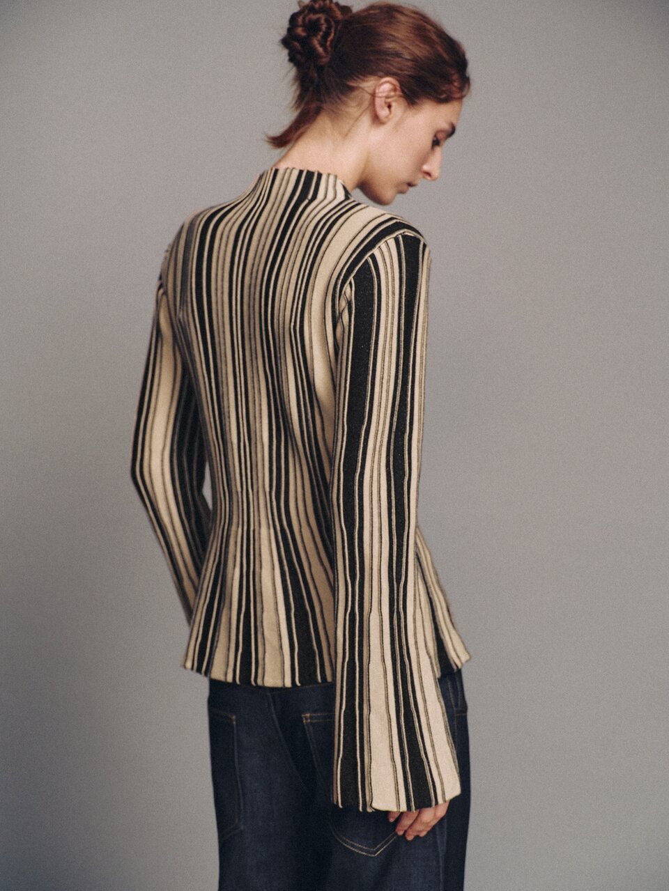 MOTF SEMI-HIGH NECK FITTED WAIST FLARED COLORFUL STRIPED KNIT TOP