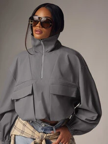 Denimoi High Neck Jacket Half Zip Oversized Flap Pockets Fall Fashion Streetwear Lightweight Jacket - Dark Grey - View 3