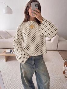 SHEIN EZwear 海外長袖奶油黃底棕色波點印花圖案秋季上衣，適合日常通勤、派對、秋冬春夏、聖誕節、新年、感恩節、婚禮、海灘、畢業典禮、優雅、外出、約會、通勤、情人節、度假、Y2K、畢業典禮等場合 - 彩色 - 查看 6