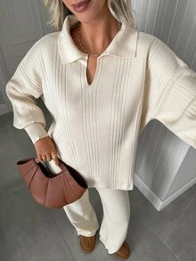SHEIN Women's Rib Knit Collared Sweater & Wide Leg Pants 2 Pieces Lounge Set - Cream - View 3