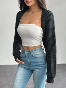 SHEIN PETITE 女款素色長袖休閒開襟針織衫 - 深灰色 - 查看 6