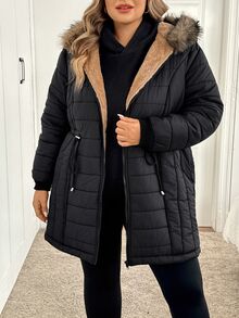 SHEIN CURVE+ Plus Size Thickened Hooded Longline Thermal Lined Long Sleeve Winter Jacket, Solid Black - Black - View 7