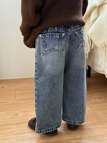 DAZY Celana Panjang Denim Longgar Gaya Korea Serbaguna untuk Bayi/Balita (Perempuan) - Medium Wash - View 3