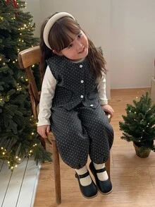 DAZY Infant/Toddler (Girl) Round Neck Polka Dot Casual Layered Korean Style Vibe Jacket Set - Grey - View 4