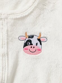 2件組秋冬保暖內裡單面絨毛新生兒連身衣，精緻可愛獅子與乳牛刺繡，柔軟舒適寬鬆長袖連腳連身衣，2件套居家穿著，冬季款 - 彩色 - 查看 5