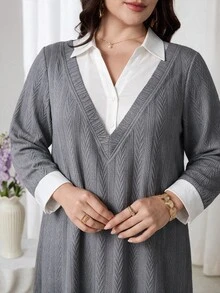 Veilorie Plus Size Women's 2 In 1 Patchwork Casual Everyday Sweatshirt - Grey - View 7